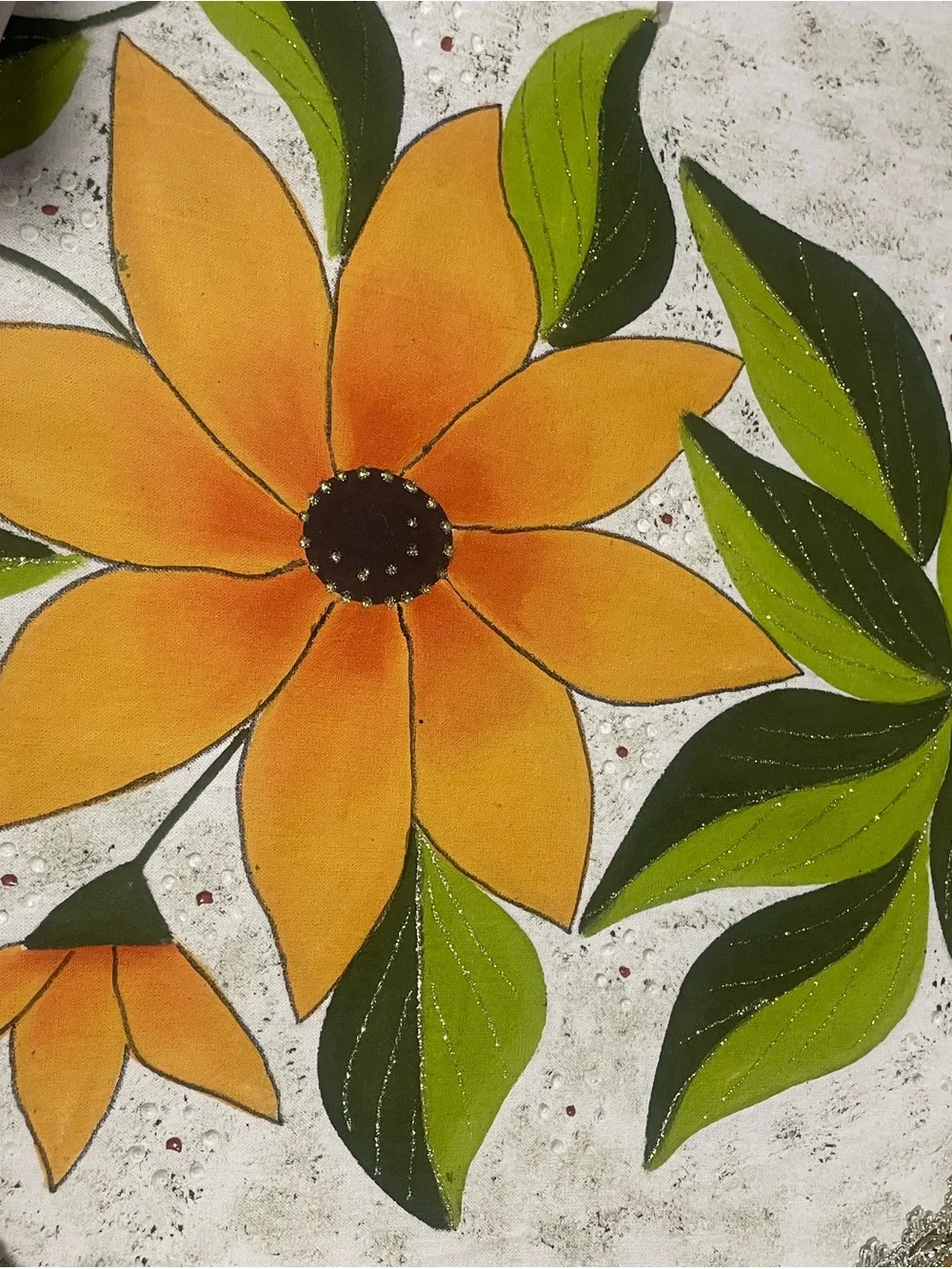 Hand-Painted Orange Floral Wall Art Canvas with Green Leaves